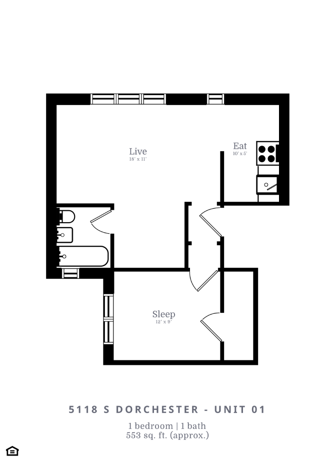 Floor plan for 1 bed, 1 bath, 553 sqft